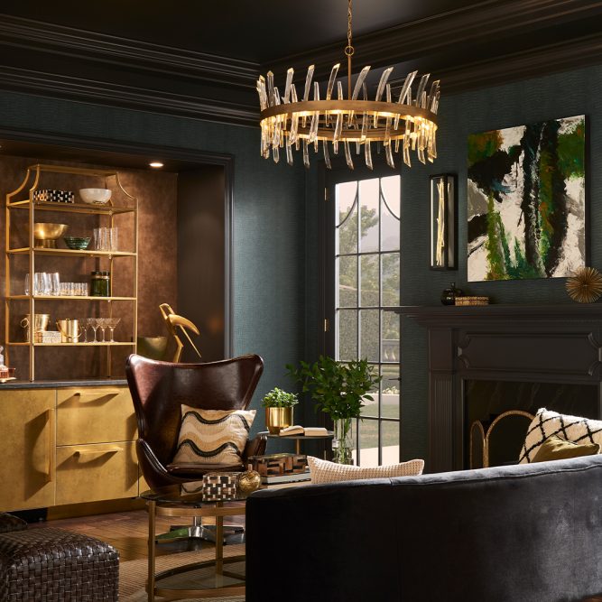 large gold chandelier in a den