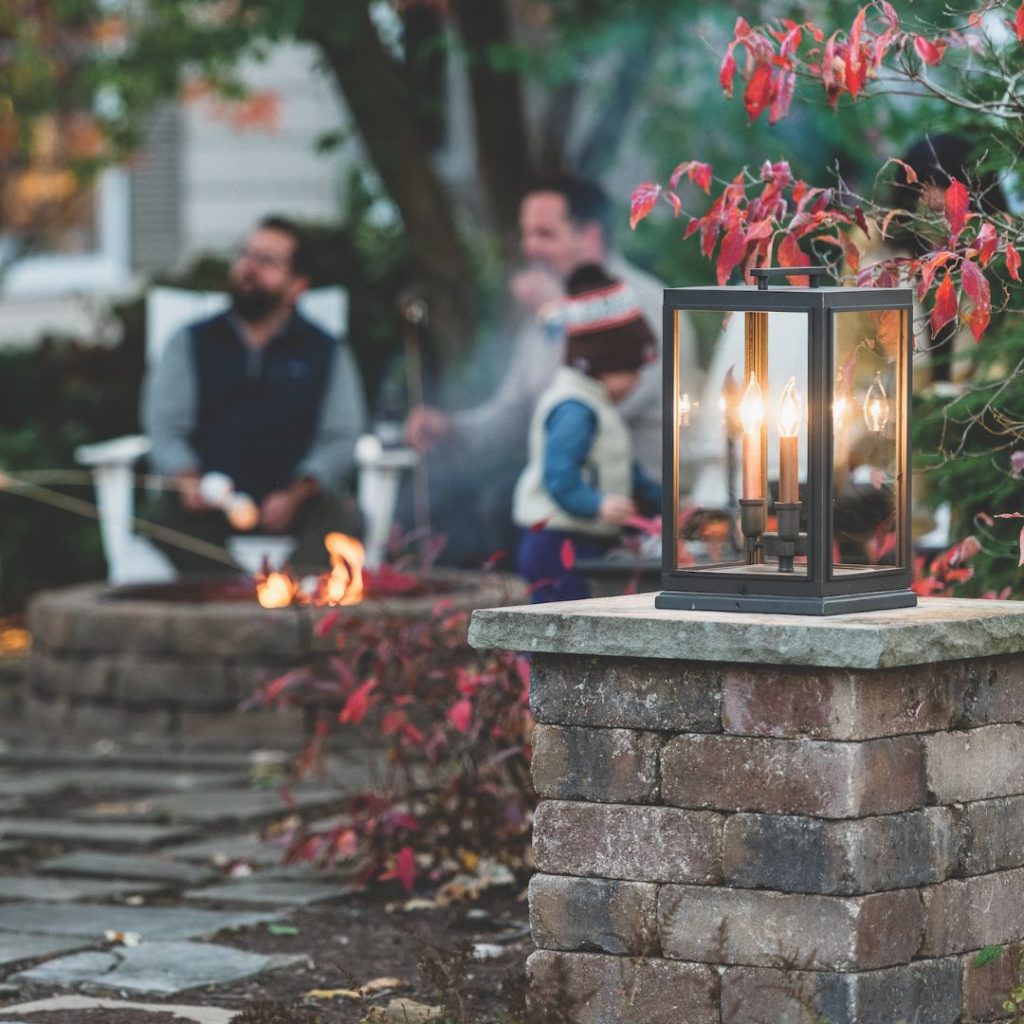 lantern on a patio at dusk