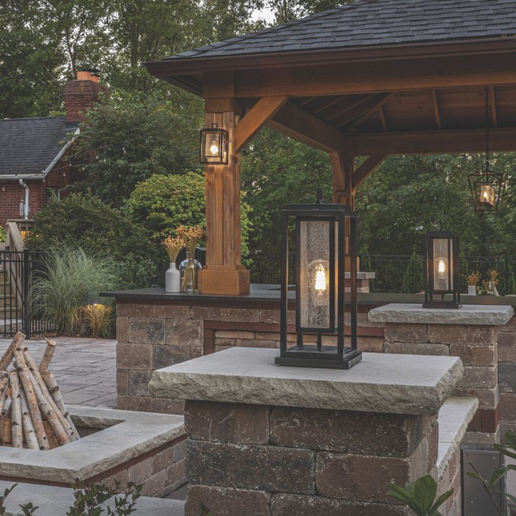 lanterns on a patio at dusk