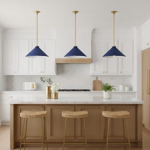 Image of three pendant lights hanging over a kitchen island